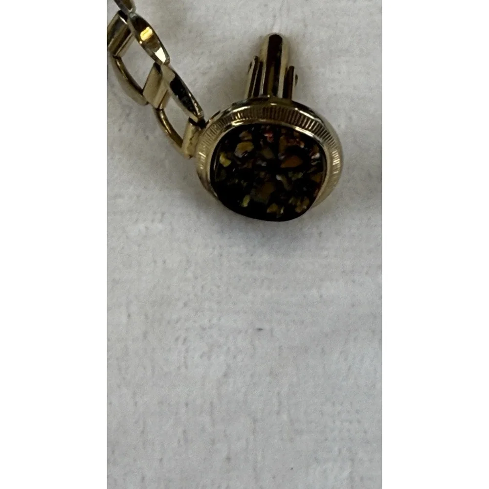 Gold Tone Oval Mosaic Inlay Cufflinks Brown Amber Stone Look Men's Formal‎